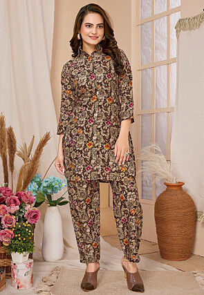 Digital Printed Rayon Co Ord Set in Brown
