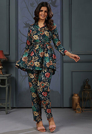 Digital Printed Rayon Co Ord Set in Teal Green