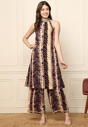 Digital Printed Rayon Co-ords Set in Purple and Beige
