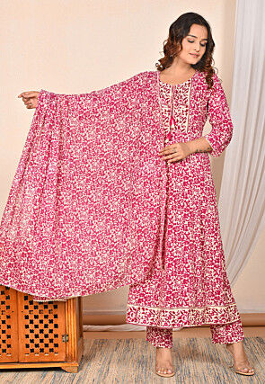 Digital Printed Rayon Cotton Anarkali Suit in Maroon