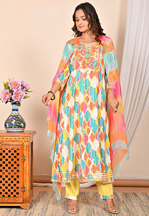 Digital Printed Rayon Cotton Anarkali Suit in Multicolor