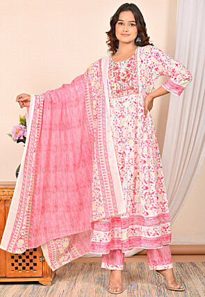 Digital Printed Rayon Cotton Anarkali Suit in Pink