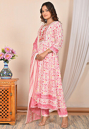 Digital Printed Rayon Cotton Anarkali Suit in Pink