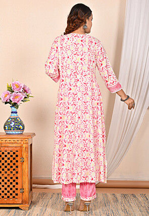 Digital Printed Rayon Cotton Anarkali Suit in Pink