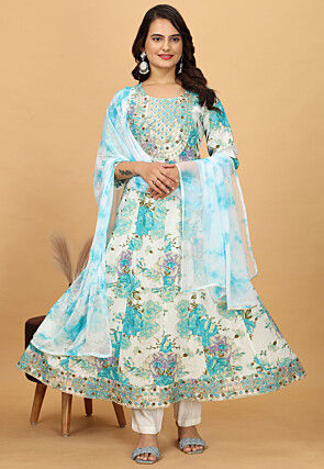 Digital Printed Rayon Cotton Anarkali Suit in White and Blue