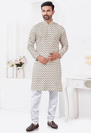 Digital Printed Rayon Cotton Kurta Set in Cream