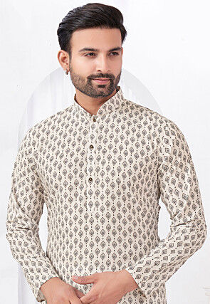 Digital Printed Rayon Cotton Kurta Set in Cream
