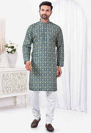 Digital Printed Rayon Cotton Kurta Set in Teal Blue