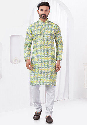 Digital Printed Rayon Cotton Kurta Set in Yellow and Grey