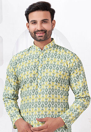 Digital Printed Rayon Cotton Kurta Set in Yellow and Grey