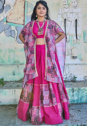Digital Printed Rayon Cotton Lehenga in Fuchsia