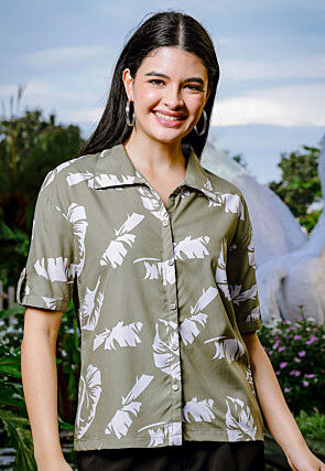 Digital Printed Rayon Cotton Top in Dusty Green