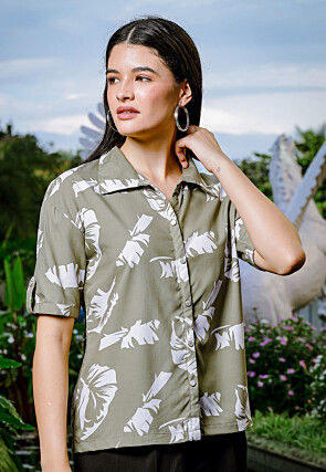 Digital Printed Rayon Cotton Top in Dusty Green