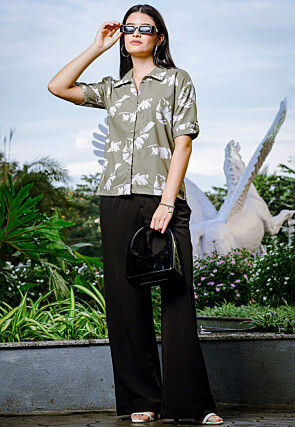 Digital Printed Rayon Cotton Top in Dusty Green