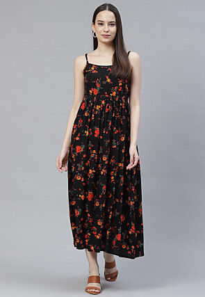 Digital Printed Rayon Dress in Black
