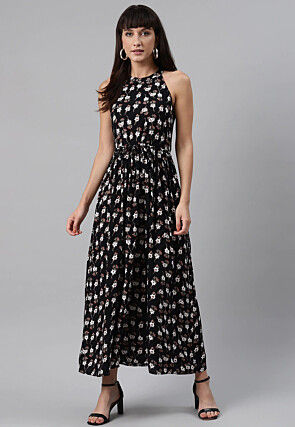 Digital Printed Rayon Dress in Black