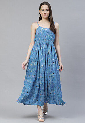 Digital Printed Rayon Dress in Blue