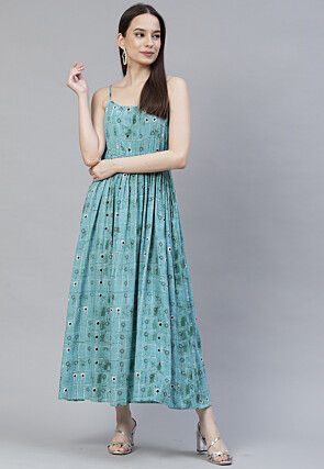 Digital Printed Rayon Dress in Blue