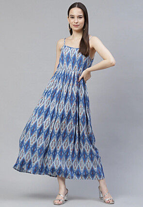 Digital Printed Rayon Dress in Blue