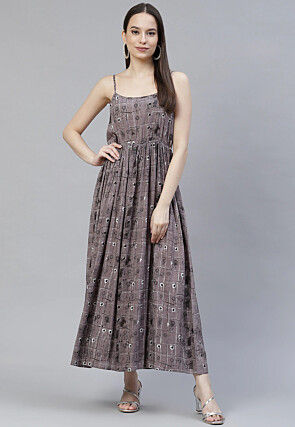 Digital Printed Rayon Dress in Grey