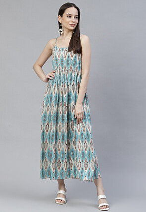 Digital Printed Rayon Dress in Light Blue