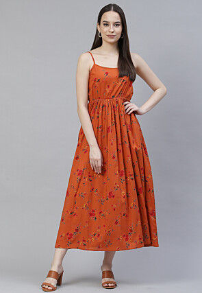 Digital Printed Rayon Dress in Orange