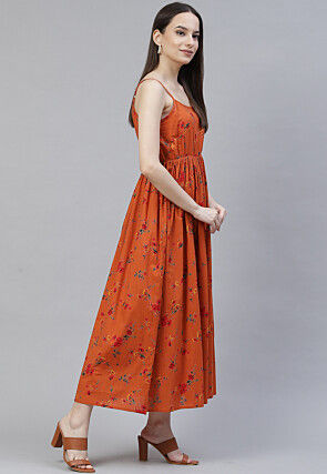 Digital Printed Rayon Dress in Orange