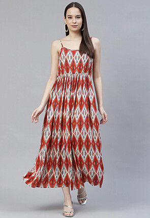 Digital Printed Rayon Dress in Rust