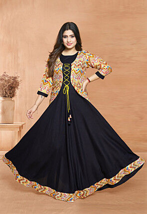 Digital Printed Rayon Gown in Black