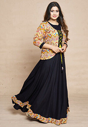 Digital Printed Rayon Gown in Black