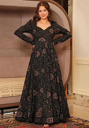 Digital Printed Rayon Gown in Black