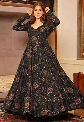 Digital Printed Rayon Gown in Black