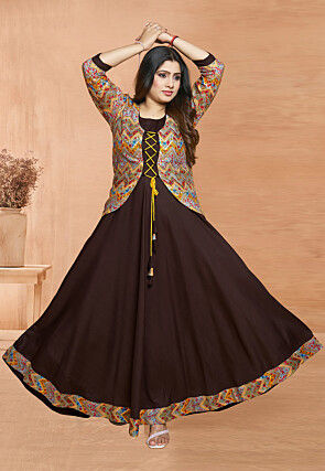Digital Printed Rayon Gown in Brown