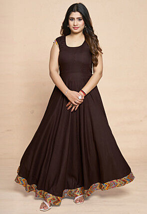 Digital Printed Rayon Gown in Brown