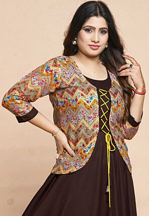 Digital Printed Rayon Gown in Brown