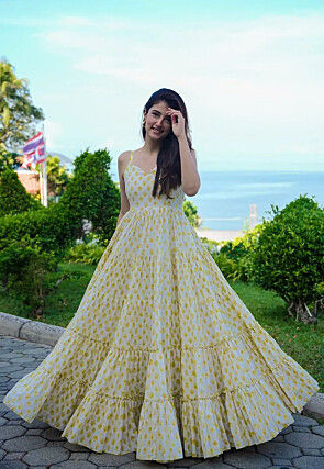 Digital Printed Rayon Gown in Cream