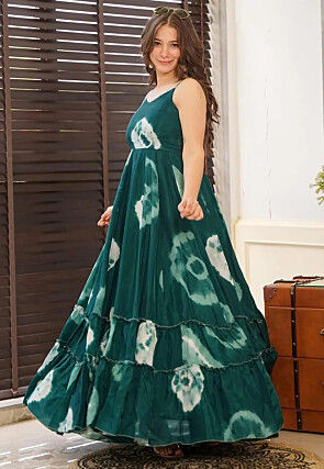Digital Printed Rayon Gown in Green and Multicolor