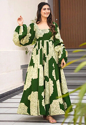 Digital Printed Rayon Gown in Green