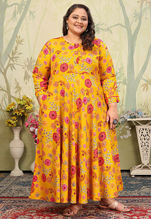 Digital Printed Rayon Gown in Mustard