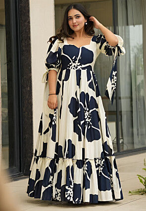 Digital Printed Rayon Gown in Off White