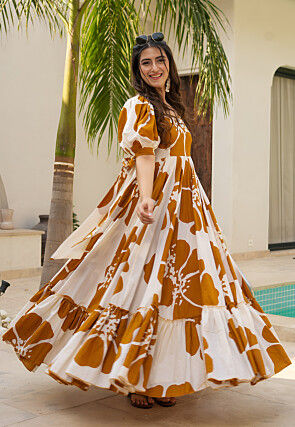 Digital Printed Rayon Gown in Off White