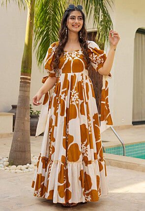 Digital Printed Rayon Gown in Off White
