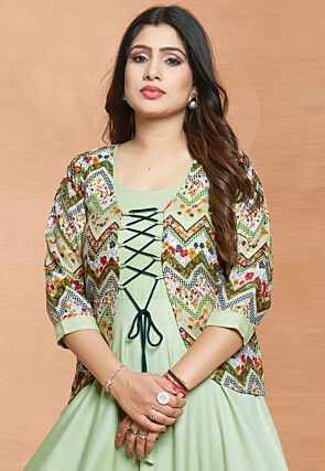 Digital Printed Rayon Gown in Pastel Green