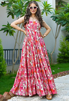 Digital Printed Rayon Gown in Pink