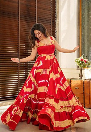 Digital Printed Rayon Gown in Red and Multicolor