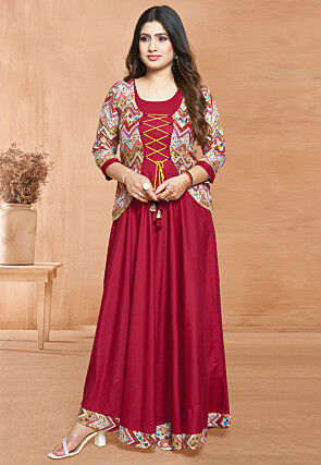 Digital Printed Rayon Gown in Red