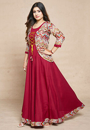 Digital Printed Rayon Gown in Red