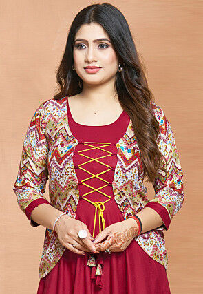 Digital Printed Rayon Gown in Red