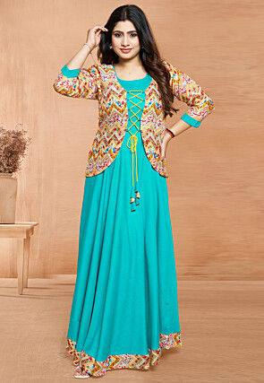 Digital Printed Rayon Gown in Turquoise