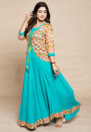 Digital Printed Rayon Gown in Turquoise
